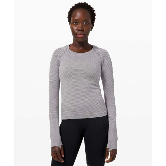 EUC Lululemon Swiftly Tech Long Sleeve 2.0 Tetra Stripe Asphalt Grey /Violet US8 - Picture 1 of 16